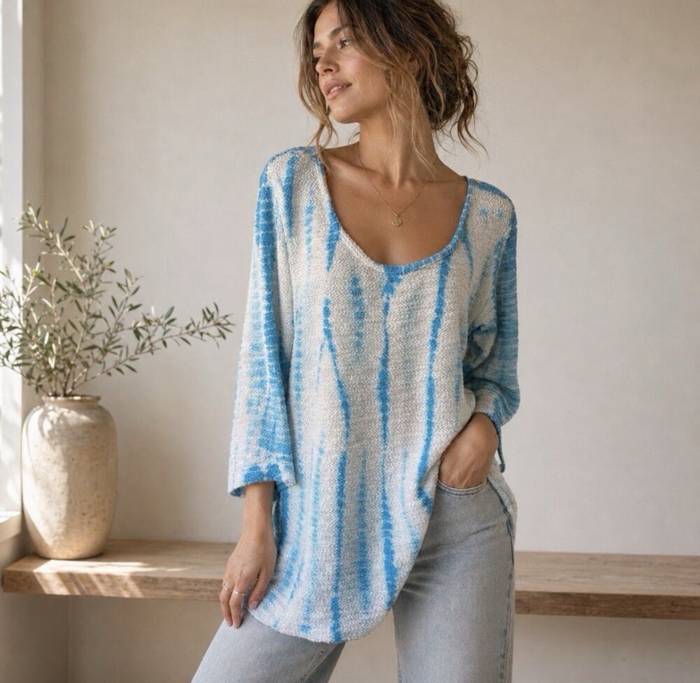 XCVI Blue Tie Dye 3/4 Sleeve Tunic Top Soft Comfy Size XXL